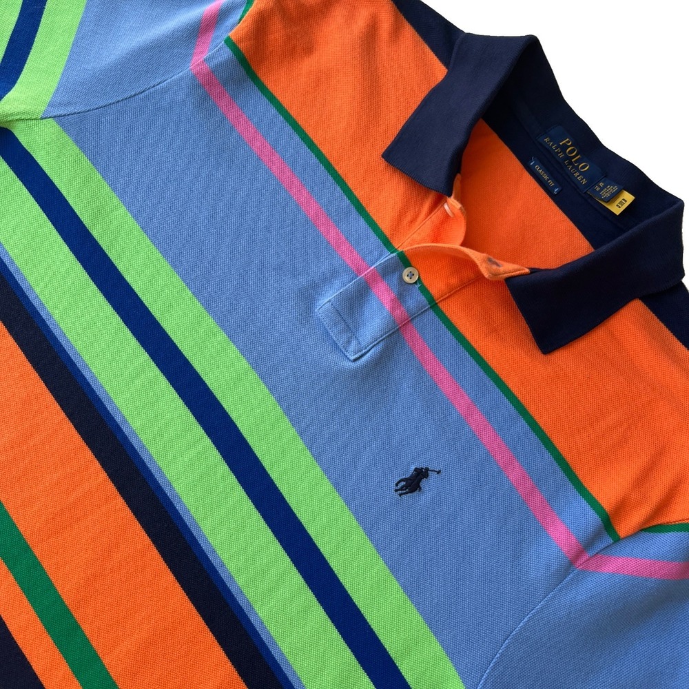 Polo Ralph Lauren Polo Shirt Mens XL Striped Short Sleeve Orange Blue Pink Green